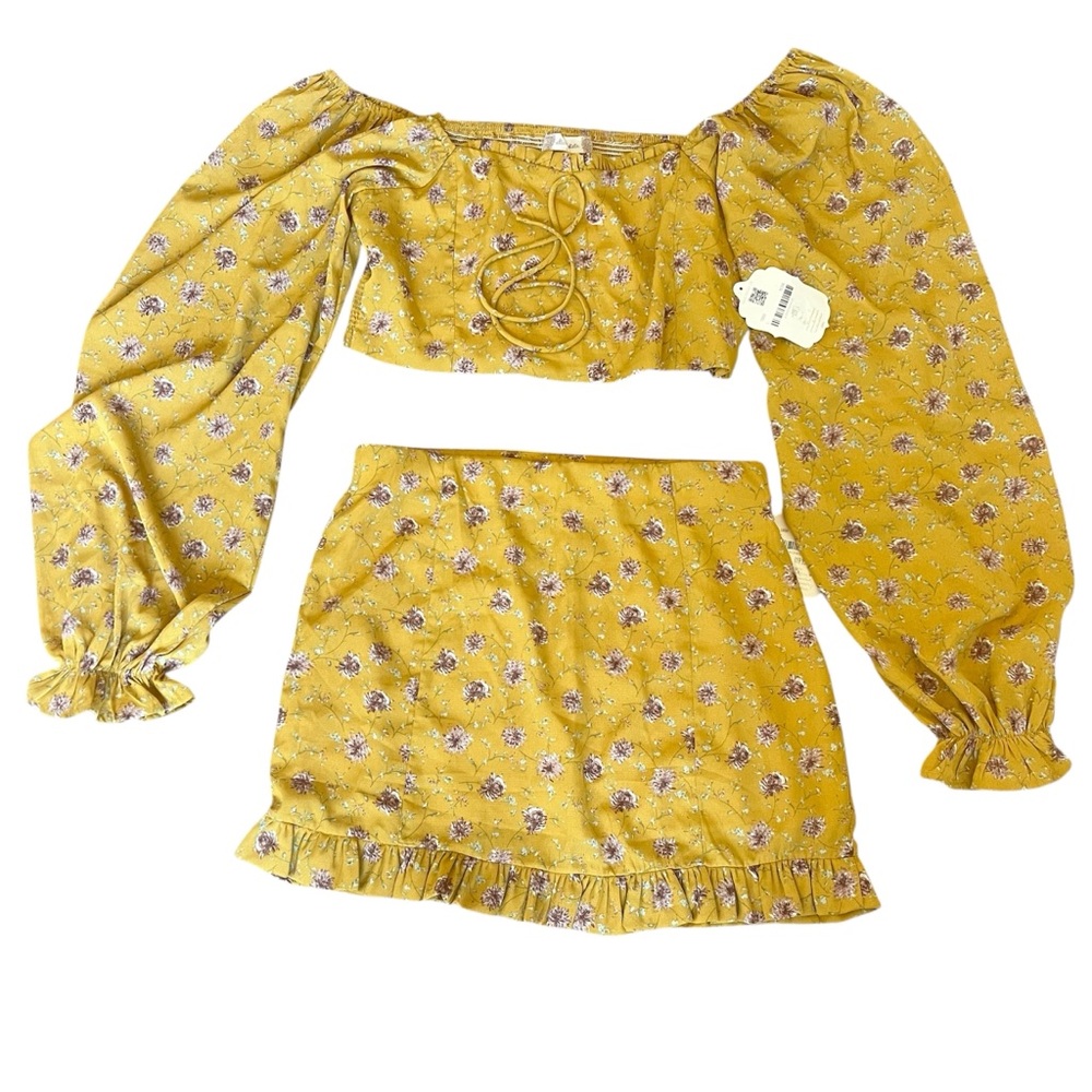 Altar'd State Mustard Floral Mini Skirt & Top Cottage Core Prairie Feminine M/L